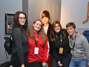 Orlane Audiard, Alvina Ascenso, Alexandra Bineau and Thomas Dorlye made the 10-hour flight from France for the opening for the Stratford Perth Museum’s Steps to Stardom Exhibit, celebrating Justin Biebier’s rise to fame. (Galen Simmons/The Beacon Herald/Postmedia Network)