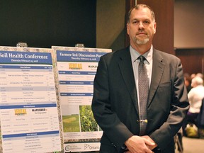 David Lobb, a professor in the department of soil science at the University of Manitoba, gave a presentation on the economic costs of soil erosion at the Soil Health Conference at the John D. Bradley Centre in Chatham on Feb. 15, 2018. (Tom Morrison/Chatham This Week)
