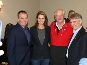 Ontario PC leadership candidate Caroline Mulroney, centre left, was in Timmins on Tuesday, meeting with party members as part of her campaign tour of Northern Ontario. Some of those in attendance were Timmins Mayor Steve Black, Mulroney, PC organizer Steve Kidd, and Parry Sound – Muskoka MPP Norm Miller. Mulroney also visited Kapuskasing and Thunder Bay on Tuesday. LEN GILLIS / Postmedia Network