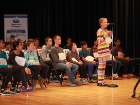 Sarnia Spelling Bee contestant Lanna Iacobelli, from St. Anne's Catholic School, attempts to correctly spell a word in front of an audience at the Sarnia Public Library Theatre during the 2017 competition.
File photo/Sarnia This Week