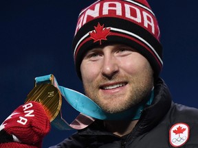 Canada's gold medallist Brady Leman poses on the podium during the medal ceremony for the freestyle skiing men's skicross at the Pyeongchang Medals Plaza.
JAVIER SORIANOJAVIER SORIANO/AFP/Getty Images
