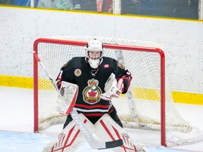 Goalie Will Barber has been hot for the Sarnia Legionnaires in recent outings, picking up two big wins last week. He stopped 58 shots in a victory over the first-place London Nationals and got a shutout against the second-ranked Leamington Flyers. (Handout/The Observer)