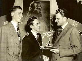 Lifelong friends, Leighton Ford, left, and Dan Goldsmith, had their photograph taken with Rev. Billy Graham on January 27, 1949 when the famous evangelical minister visited Chatham, Ont. Graham autographed a copy of his first book 'Calling Youth to Christ' which Goldsmith still has today. (Handout)