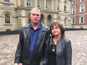 Deb Abrams, mother of slain inmate Adam Kargus, who was killed in 2013 at London's Elgin-Middlesex Detention Centre, and partner Ken attend an Ontario Court of Appeal hearing in Toronto Wednesday. The Crown is challenging the staying of charges of failing to provide the necessaries of life against two EMDC staffers. (RANDY RICHMOND, The London Free Press)