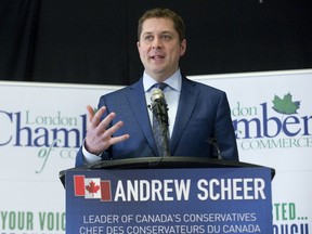 Federal Conservative Leader Andrew Scheer addresses London Chamber of Commerce members at the Western Fair?s Carousel Room Wednesday. (DEREK RUTTAN, The London Free Press)
