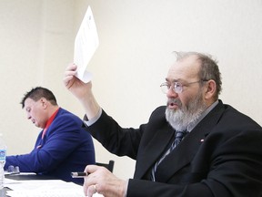 Coun. Gerry Montpellier makes a point at a press conference in Sudbury on Wednesday. Councillors Michael Vagnini (left) and Montpellier held a press conference regarding harassment charges against them and two Sudbury citizens. Gino Donato/Sudbury Star/Postmedia Network