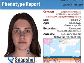 The Calgary Police Service has used DNA phenotyping to create an image, shown here,that has a likeness to the mother of a baby that was found deceased in a dumpster on Sunday, Dec. 24, 2017. THE CANADIAN PRESS/HO-Calgary Police Service