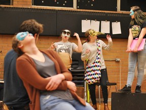 Tom Morrison/Chatham This Week
Chatham-Kent Secondary School students Carter Marion, Drew McClenaghan, Rowyn McGinley, Avery Norris and Lily Herder rehearse for the National Theatre School of Canada Drama Festival in the drama room. The event will be held at the Chatham Capitol Theatre Feb. 26 and 27. Tom Morrison/Chatham This Week