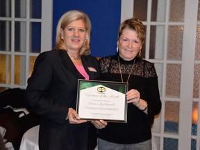 Marianne Matichuk, left, president of BPW, presents local businesswoman Lorna MacDonald with her certificate as February Woman of the Month for the Greater Sudbury Business & Professional Women's Club (BPW). Supplied photo