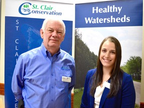 Water Resources Specialist Steve Clark and Water Resources Technician Emily De Cloet discussed flood forecasting at the annual meeting of the St. Clair Region Conservation Authority, held Thursday in Petrolia. (Melissa Schilz/Postmedia News)