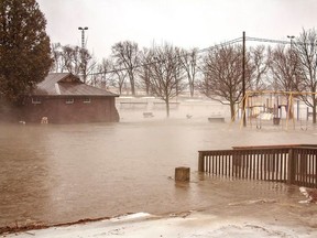 Last Monday about 60 mm of rain soaked Seaforth in 48 hours, that and the mixture of snow thaws left the Seaforth Lions Park nearly submerged. (Photo courtesy of a Facebook page by Melissa Roden Photography)
