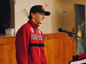 Canadian Paralympic sledge hockey athlete James Dunn speaks during a send-off event for him at West Elgin Secondary School Thursday. (Tom Morrison // Postmedia News)