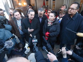 From left, Grand Chief Jerry Daniels, Southern Chiefs' Organization, Chief Arlen Dumas, Chief Derrick Henderson of Sagkeeng, Chief Sheila North, and Chief Kevin Hart speak to media outside the law courts in Winnipeg after the jury delivered a not-guilty verdict in the second degree murder trial of Raymond Cormier, Thursday.
THE CANADIAN PRESS/John Woods