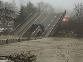 Collapsed bridge in the flood-hit Elgin County community of Port Bruce. (DEREK RUTTAN, The London Free Press)