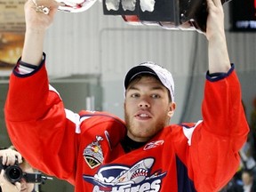 Taylor Hall #4 of the Windsor Spitfires skates with the Memorial Cup after defeating the Brandon Wheat Kings in the Final of the 2010 Mastercard Memorial Cup Tournament at the Keystone Centre on May 23, 2010 in Brandon, Manitoba, Canada. (Photo by Richard Wolowicz/Getty Images)