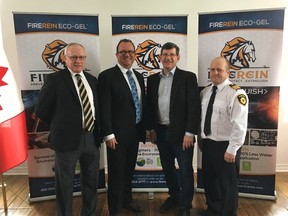 John Malloy, chair of the Board of Fire Rein Inc, left, Rui Resendes, president and CEO of Fire Rein Inc, Mike Bossio, Member of Parliament for Hastings, Lennox and Addington, Jeff Thompson, acting chief Stone Mills Fire Department at the funding announcement in Greater Napanee on Thursday, February 22, 2018, Supplied photo