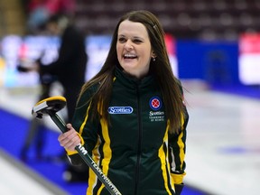 Northern Ontario skip Tracy Fleury smiles while taking on Manitoba at the Scotties Tournament of Hearts in Penticton, B.C., on Wednesday, Jan. 31, 2018. THE CANADIAN PRESS/Sean Kilpatrick