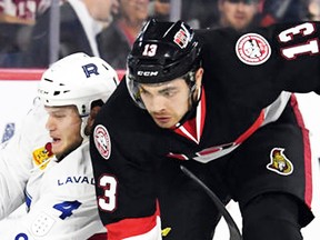 Belleville forward Nick Paul had all three B-Sens goals in a 4-3 loss to Laval Saturday night at Yardmen Arena. (Belleville Senators photo)