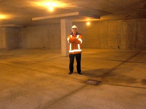The Boardwalk condo project in downtown Chatham, Ont. has weathered the flooding on the Thames River well. Site supervisor Brian Chute is pictured in the underground parking on Sunday February 25, 2018, which stay dry despite the nearby Thames River rising to 5.25 metres. (Ellwood Shreve/Chatham Daily News/Postmedia Network)