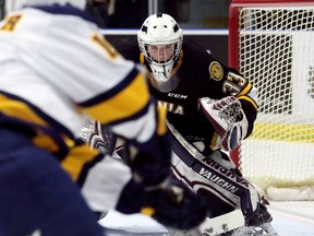 Sarnia Sting goalie Ethan Langevin (33) makes his OHL debut against the Erie Otters at Progressive Auto Sales Arena in Sarnia, Ont., on Saturday, Feb. 24, 2018. (Mark Malone/Chatham Daily News/Postmedia Network)