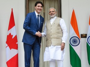 Prime Minister Justin Trudeau meets with Prime Minister of India Narendra Modi at Hyderabad House in New Delhi, India. (THE CANADIAN PRESS)