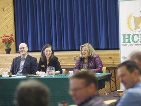 Both Huron-Bruce MP Ben Lobb and Huron-Bruce MPP Lisa Thompson were on hand to answer questions from farming representatives of Huron County. First topic of discussion was the revision of the Canada Food Guide, which has been a heated debate for farmers who worry the overhaul, would daunt red meat, cheese and butter. (Shaun Gregory/Huron Expositor)