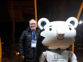 Sudbury Star columnist Randy Pascal poses with Soohorang, is the official mascot of the 2018 Winter Olympics. Photo supplied