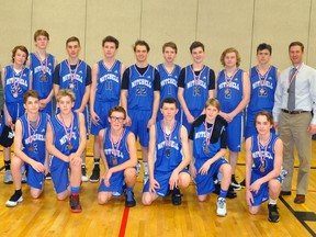 Team members of the Mitchell District High School (MDHS) Junior boys basketball team pose with their bronze medals they won at the WOSSAA 'A' tournament in London Feb. 22. ANDY BADER/MITCHELL ADVOCATE