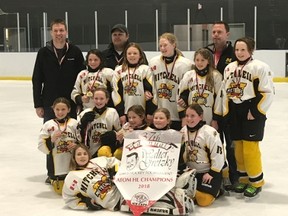 Members of the Mitchell Atom girls HL hockey team celebrate their championship in the Brantford tournament this past weekend. SUBMITTED