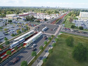 Wellington Road at Commissioners Road, looking north, in a rendering of London's bus rapid transit system. (Rendering may not represent final design.)