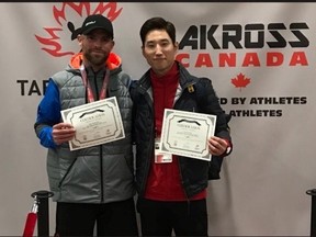 Sarnia Olympic Taekwondo's Mark Warburton (left) won the bronze medal at the Canadian National Team Trials in Ottawa in February. He was coached by Master Tae-Young Han of Markham (right).
Handout/Sarnia This Week