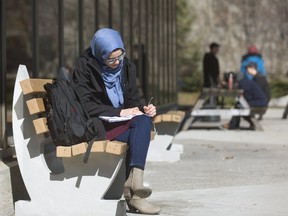 Fattimah Hamam, 21 of London, a fourth-year anthropology student checks her schedule Monday on the concrete beach outside the UCC at Western University in London.  “Sunshine is super important, both for the vitamins and psychologically,” Hamam said about the bright sunshine, adding with a laugh:  “It’s my main source of energy.” (MIKE HENSEN, The London Free Press)