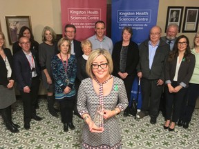 Double lung transplant recipient Shillane Labbett stands with family, friends, and members of the Trillium Gift of Life Network, Kingston Health Sciences Centre, the Transplant Advocates Association after receiving the first Advocates in Action Award in Kingston on Monday, Feb. 26.
Elliot Ferguson/The Whig-Standard