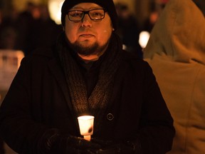 Vince Nahmiwan attended a candlielight vigil Monday at the courthouse, honouring the lives of Tina Fontaine and Colten Boushie. (Mary Katherine Keown/The Sudbury Star)