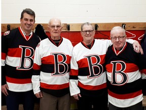 From left: Belleville native and former NHL netminder Andrew Raycroft, former Belleville McFarlands Lionel Botly and Wayne (Weiner) Brown and former Belleville Bulls owner Dr. Bob Vaughan were part of the ceremonial puck drop at last Saturday's Belleville Hockey History Night when B-Sens hosted Laval at Yardmen Arena. (Submitted photo)