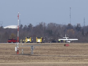 Emergency services responded to a call to Norman Rogers Airport Tuesday, Feb. 27. An aircraft on the runway was nose down. No injuries were reported. Elliot Ferguson/The Whig-Standard