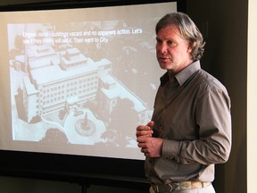 Mark Lumley speaks to Seaway Kiwanis members about demolition work at the former Sarnia General Hospital property Tuesday. The site is expected to be clear by August, he said. Tyler Kula/Sarnia Observer/Postmedia Network