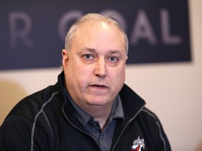 Rob Papineau, Sudbury Wolves vice-president of hockey operations and general manager, makes a point at a press conference at the Sudbury Community Arena in Sudbury, Ont. on Tuesday February 27, 2018. John Lappa/Sudbury Star/Postmedia Network