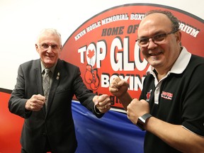 Conrad Houle, left, and Gord Apolloni, of Top Glove Boxing Academy, were on hand for a press conference in Sudbury, Ont. on Tuesday February 27, 2018. Apolloni announced the new location of the facility that will be called the Kevin Houle Memorial Boxing Auditorium Home of Top Glove Boxing. John Lappa/Sudbury Star/Postmedia Network