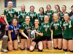 The St. Patrick's Fighting Irish are the 2017-18 LKSSAA and SWOSSAA AAA junior girls' volleyball champions. The Irish are, front row, left: coach Ben Goetz, Mia Dicocco, Ally Moulson, Abby Vrolyk, Abbie Williams, Mackenzie Hocking and Sydney Krasinkiewicz. Back row: Emma Thompson, Melanie Blackburn, Juliette Rossi, Lauren Cossa, Isabelle Thiffeault, Emma Fitzpatrick, Taylor Krasinkiewicz and coach Kelly Goetz. (Contributed Photo)