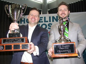 Tournament co-chairs, Jodie Jenkins (left) and Tim Howard, hold the JT Classic Pro Am golf trophies during a press conference Wednesday at Shorelines Casino Belleville. (Paul Svoboda/The Intelligencer)