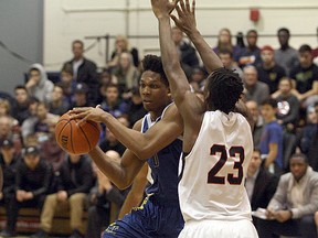 Laurentian Voyageurs's Kadre Gray competes against the Carleton Ravens during OUA men's basketball action in the Ben Avery Gym at Laurentian University on Saturday, February 10, 2018. Ben Leeson/The Sudbury Star/Postmedia Network