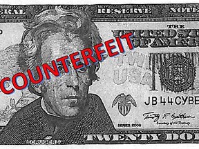 Chatham-Kent Police on Thursday issued an image of a counterfeit American $20 bill. Police say they’ve investigated 11 incidents of fake bills like this one being used in the community. Two Chatham men have been arrested. Handout/Chatham This Week