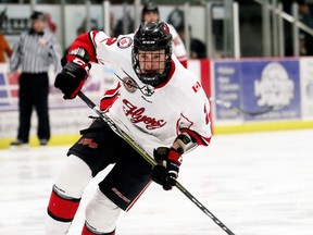 Leamington Flyers' Levi Tetrault (2) plays against the Chatham Maroons in the third period at Chatham Memorial Arena in Chatham, Ont., on Sunday, Jan. 28, 2018. Mark Malone/Chatham Daily News/Postmedia Network