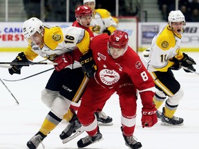 Sarnia Sting's Jordan Ernst (16) and Soo Greyhounds' Jacob LeGuerrier (8) battle for the puck in the first period at Progressive Auto Sales Arena in Sarnia, Ont., on Friday, Oct. 27, 2017. (Mark Malone/Postmedia Network)