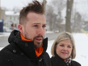 Ontario NDP leader Andrea Horwath and the party's new Kingston and the Islands candidate Ian Arthur speak in front of Kingston General Hospital in Kingston, Ont. on Friday, March 2, 2018. 
Elliot Ferguson/The Whig-Standard/Postmedia Network