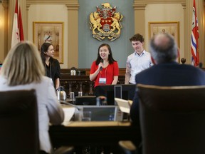 Queen's University students Celena MacMaster, Laura Tang and Matthew Plut present their proposal to renovate the Market Square Amphitheater to the judges during the Mayor’s Innovation Pitch Challenge in Kingston, Ont. on Friday, March 2, 2018.
Elliot Ferguson/The Whig-Standard/Postmedia Network