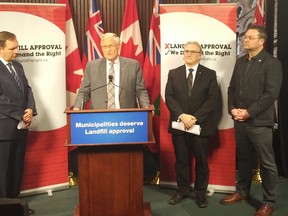 The landfill approval bill was put forward at Queen's Park on March 1. From left, Wellington — Halton Hills MPP Ted Arnott, PC critic for the Ministry of Environment, Oxford MPP Ernie Hardeman, Mayorof Ingersoll Ted Comiskey and Zorra Township Councillor Marcus Ryan. (Submitted)