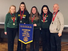 The Lockerby Vikings girls high school curling team of Elizabeth Huska, Abby Deschene, Jessica Leonard, Sydnie Stinson and coach Bill McKetsy (absent is Hannah Castonguay) claimed a second straight NOSSA banner this season. Photo supplied