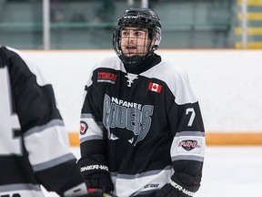Tyler Ignazzitto scored three power-play goals to lead the Napanee Raiders to a 5-2 win over the Amherstview Jets in a Provincial Junior Hockey League Tod Division semifinal game on Friday night in Napanee. (Tim Gordanier/The Whig-Standard/Postmedia Network)